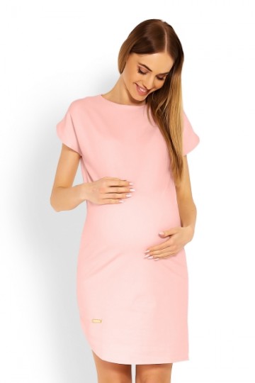Těhotenské asymetrické šaty, kr. rukáv - sv. růžové 
