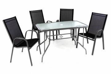 Zahradní set -  4 stohovatelné židle a skleněný stůl - černá