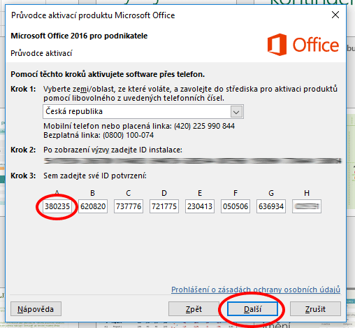 ID potvrzení zadané v aktivačním procesu Druhotného Microsoft Office 2016