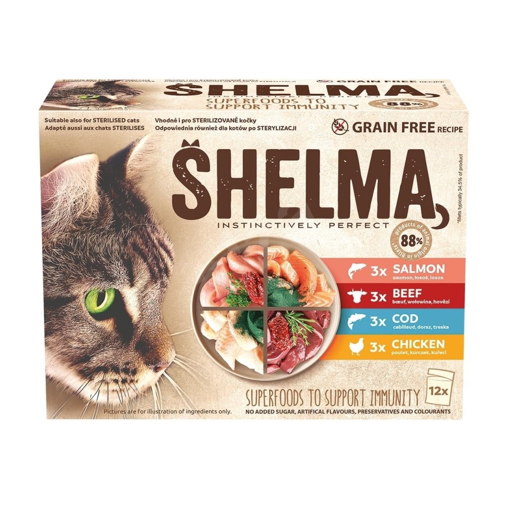 Shelma Bezobilné dušené filetky výběr z masa a ryb pro kočky 12×85 g