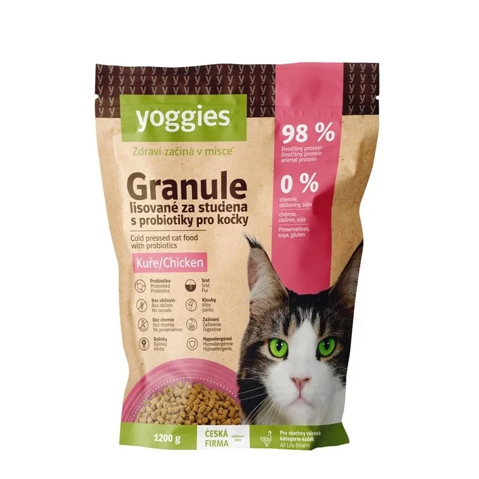 Yoggies Granule pro kočky s kuřecím masem, lisované za studena s probiotiky 1,2 kg