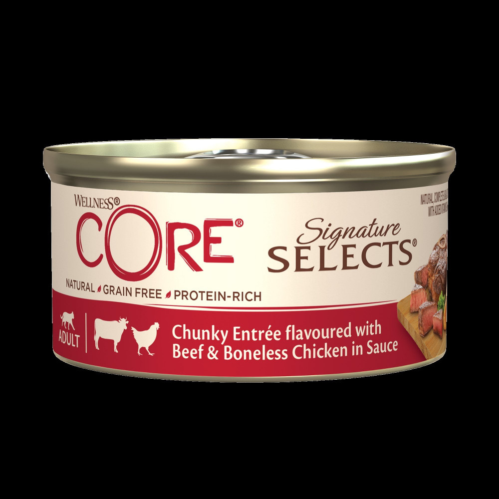 Konz.Wellness Core Cat Sign.Selec. Kousky hov.&kure v omacce 79g