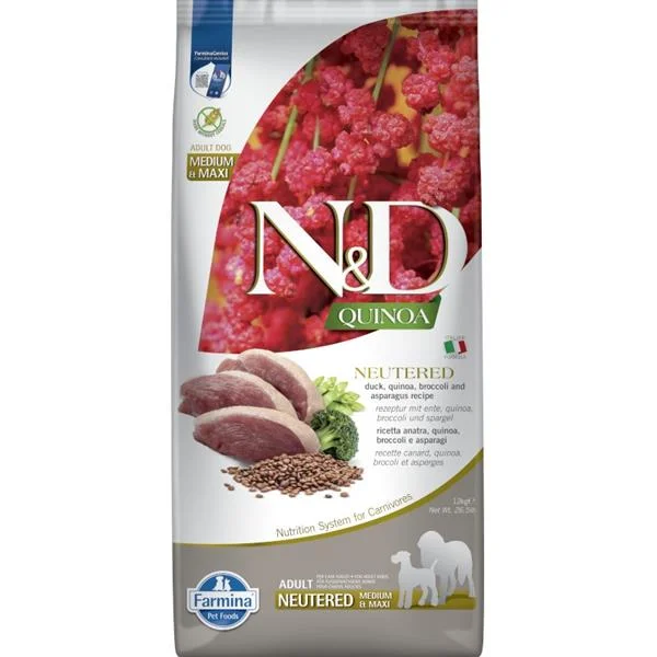 N&D Quinoa DOG Neutered M/L Duck&Broccoli&Asp. 12 kg 