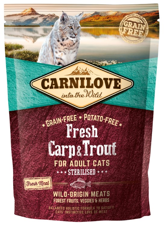 Carnilove Cat krmivo bez obilovin pro dospělé kastrované kočky kapr, pstruh a losos, 400 g