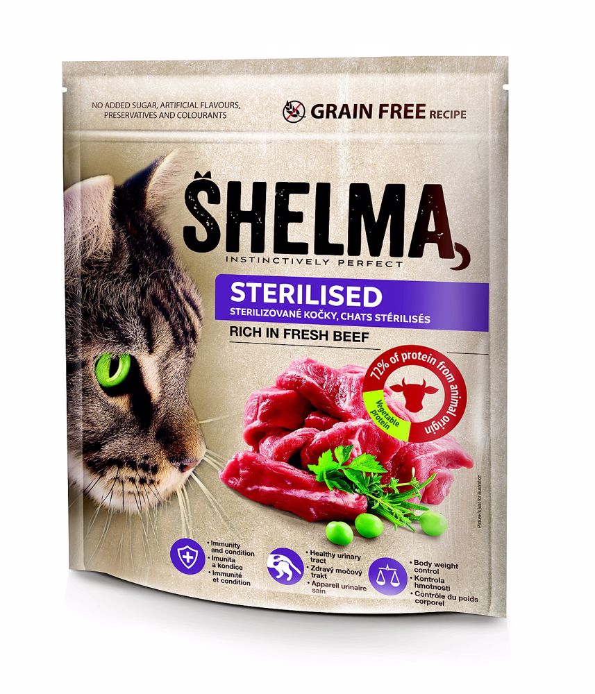 Shelma Bezobilné STERILE granule s čerstvým hovězím masem pro dospělé kočky