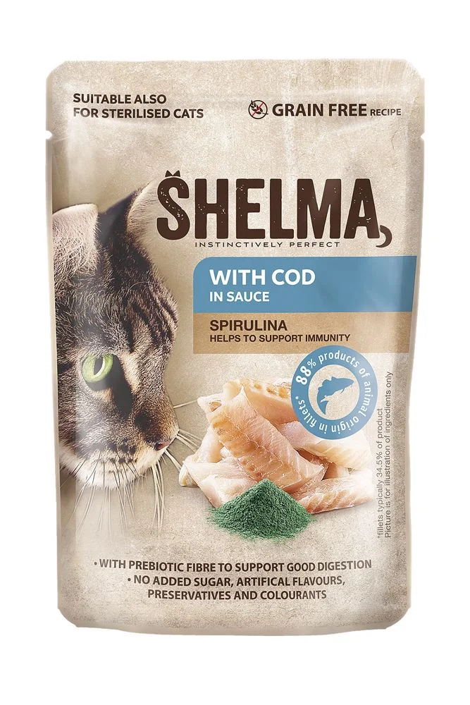 SHELMA Cat treska se spirulinou v omáčce, kapsa 85 g