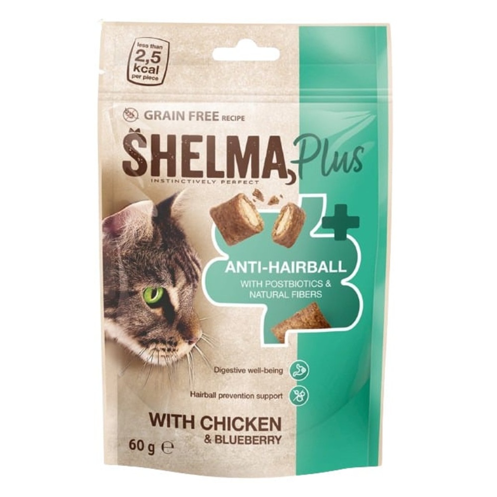 Shelma Anti-hairball bezobilné polštářky pro kočku kuře a borůvky