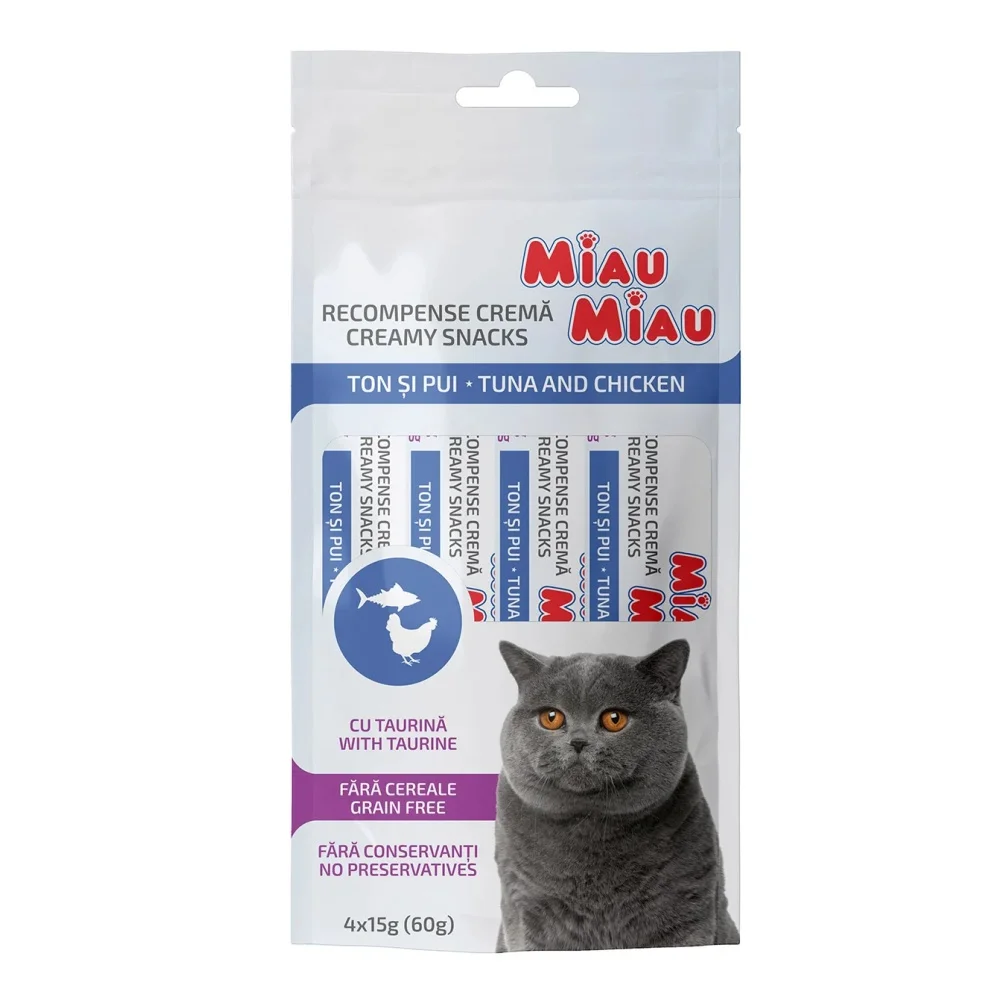 Miau Miau Creamy Snacks Cat tuňák a kuřecí  15 g (4 pack)
