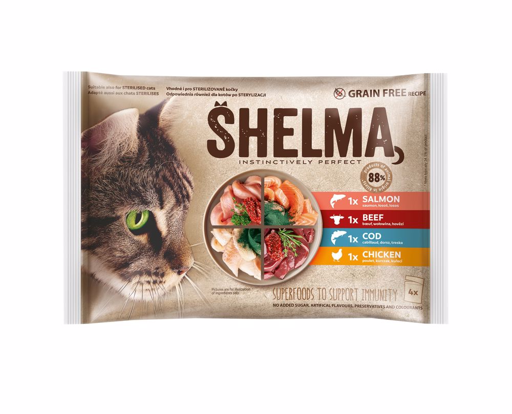 SHELMA Cat kuře, hovězí, losos a treska, kapsa 85 g (4 pack) - EXP 01/25