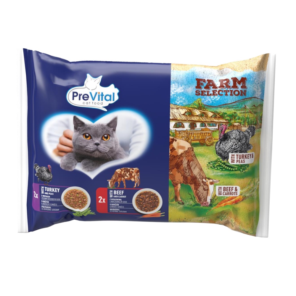 PreVital Farm Selection kapsičky pro kočky s hovězím a mrkví / krůtím a hráškem v omáčce 4×85 g
