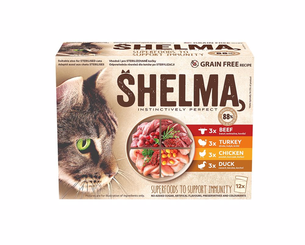 Shelma Bezobilné dušené filetky masový výběr pro kočky 12×85 g