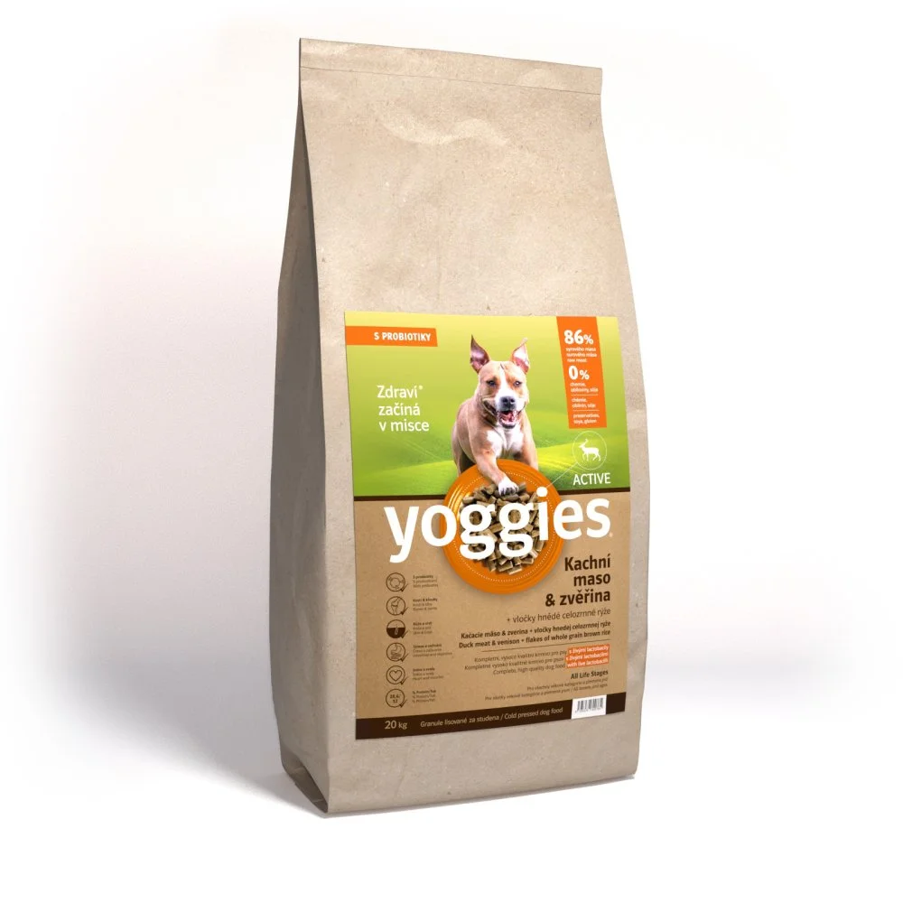 Yoggies Active kachna a zvěřina, granule lisované za studena  20 kg + Fit kostičky Yoggies pro psy 2x47g