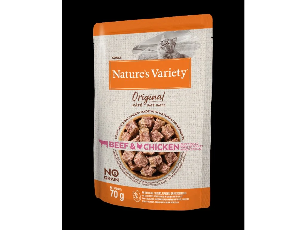 Natures Variety kap.Nature´s variety orig. cat s hovezim a kuretem 70g
