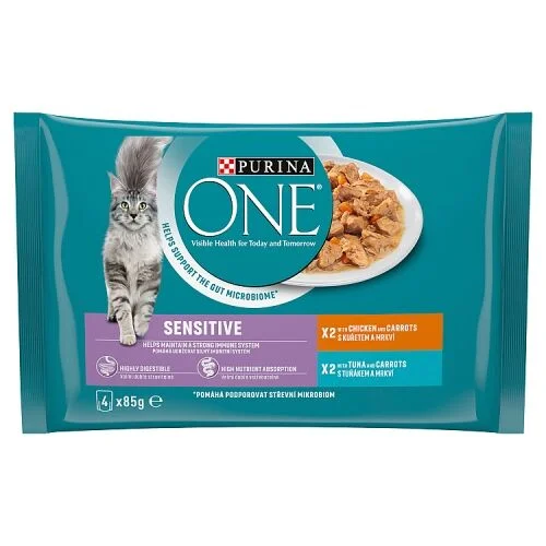 Purina ONE Sensitive cat kuře s mrkví tuňák s mrkví ve šťávě 4 x 85 g