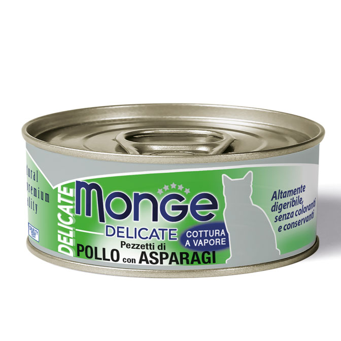 MONGE DELICATE Cat konzerva kuřecí kousky s chřestem 80g/24bal.