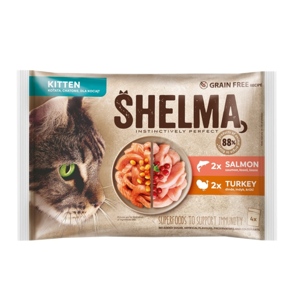 Shelma Bezobilné dušené filetky pro koťata losos a krůta 4×85 g