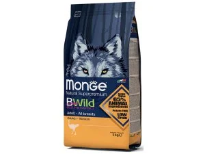 MONGE BWILD Dog - Pštros, Adult 7,5kg