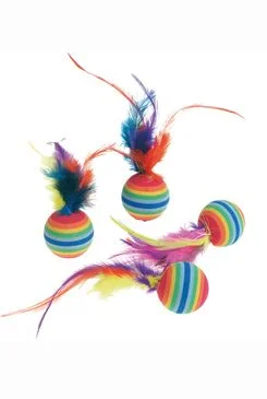 Hračka kočka Míčky s pérky duhové 4ks 1 ks