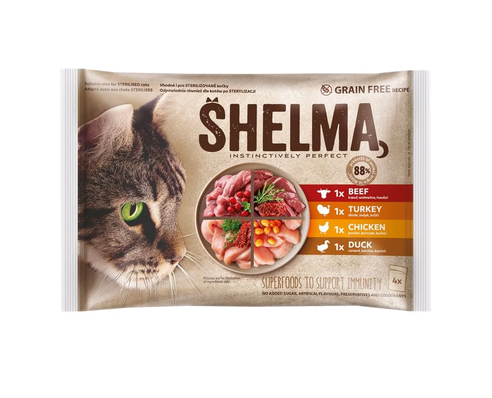 SHELMA Cat kuře, hovězí, kachna a krůta, kapsa 85 g (4 pack)