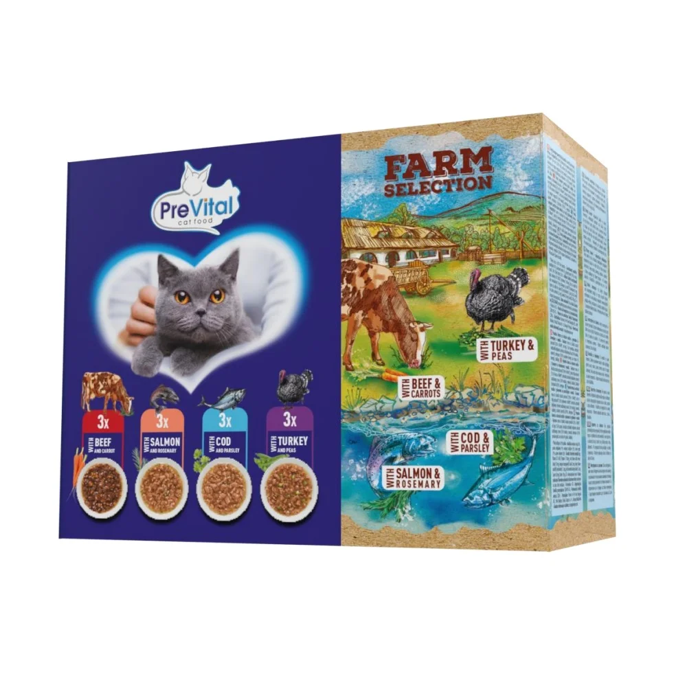 PreVital Farm Selection Kapsičky pro kočky s hovězím a mrkví / lososem a rozmarýnem / krůtím a hráškem / treskou a petrželí v omáčce 12×85 g
