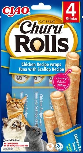 Churu Rolls cat snack kuře, tuňák a hřebenatka 4x10 g