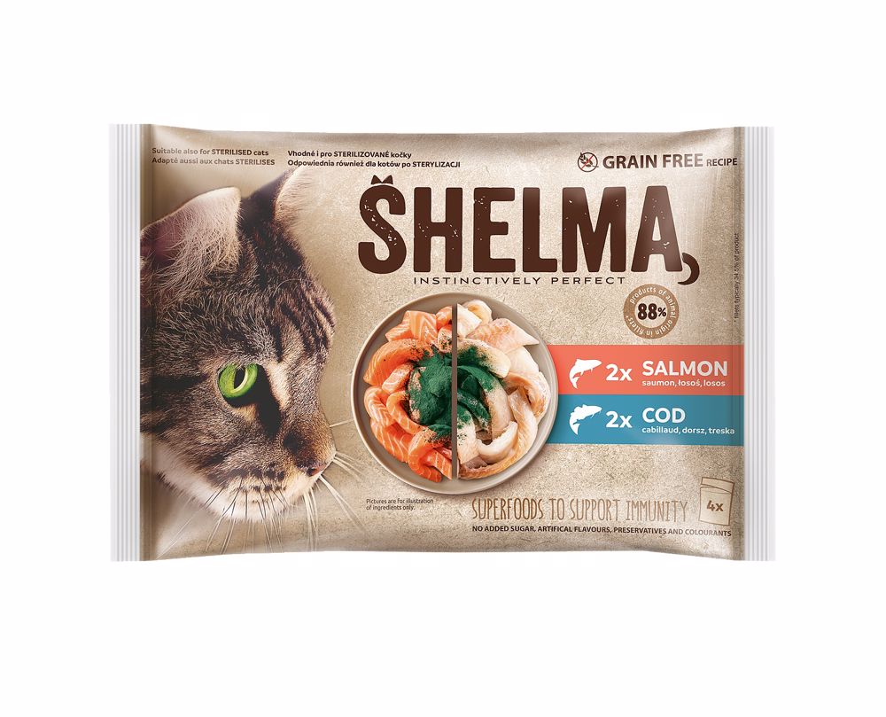 Shelma Bezobilné dušené filetky výběr z ryb pro kočky 4×85 g