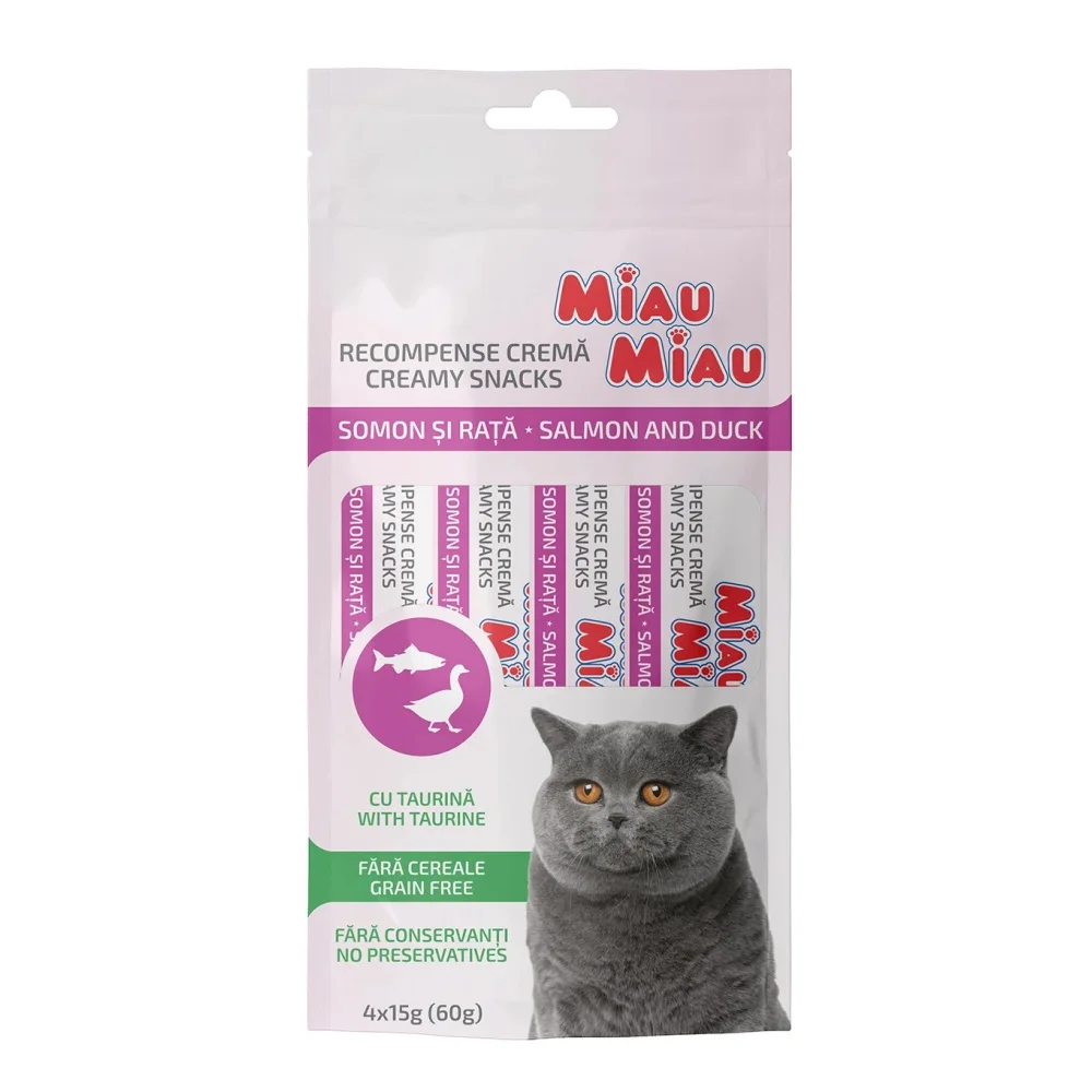 Miau Miau Creamy Snacks Cat losos a kachní 15 g (4 pack)