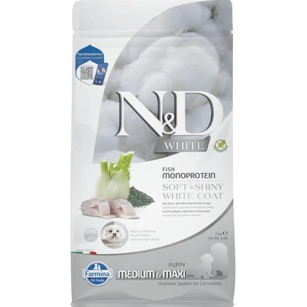 N&D WHITE Dog GF Sea Bass, Spirulina & Fennel Puppy Medium & Maxi 2 kg