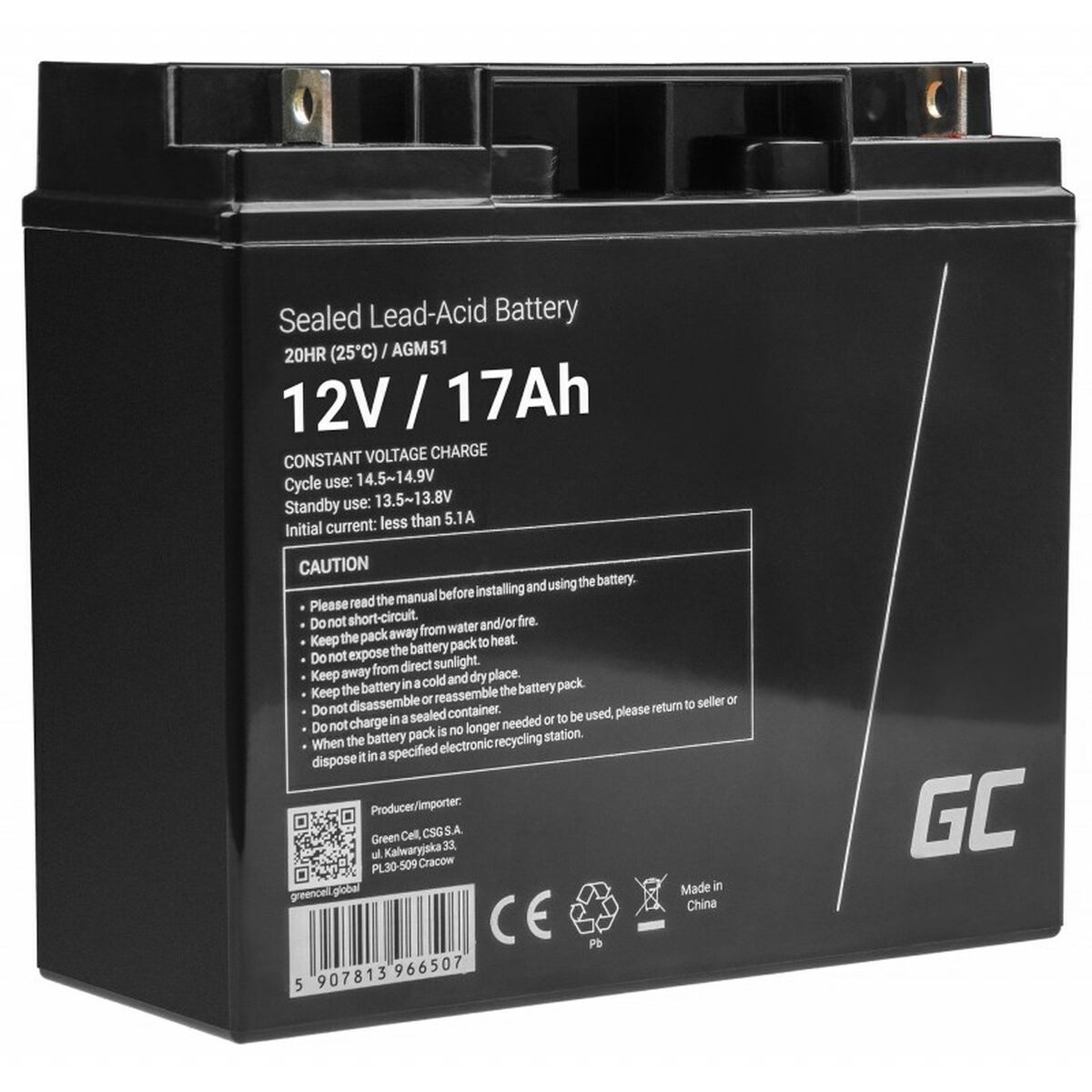 Autobatéria Green Cell AGM51, olovená, uzavretá (VRLA), 17 Ah, 12 V