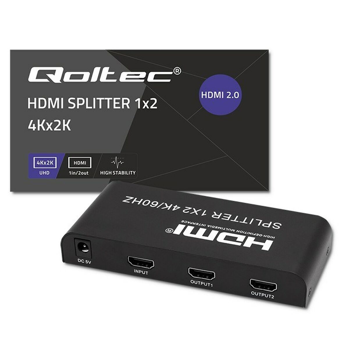Qoltec 51797 Aktívny HDMI rozbočovač 2 x HDMI 4K x 2K | 6 Gb/s | 60 Hz
