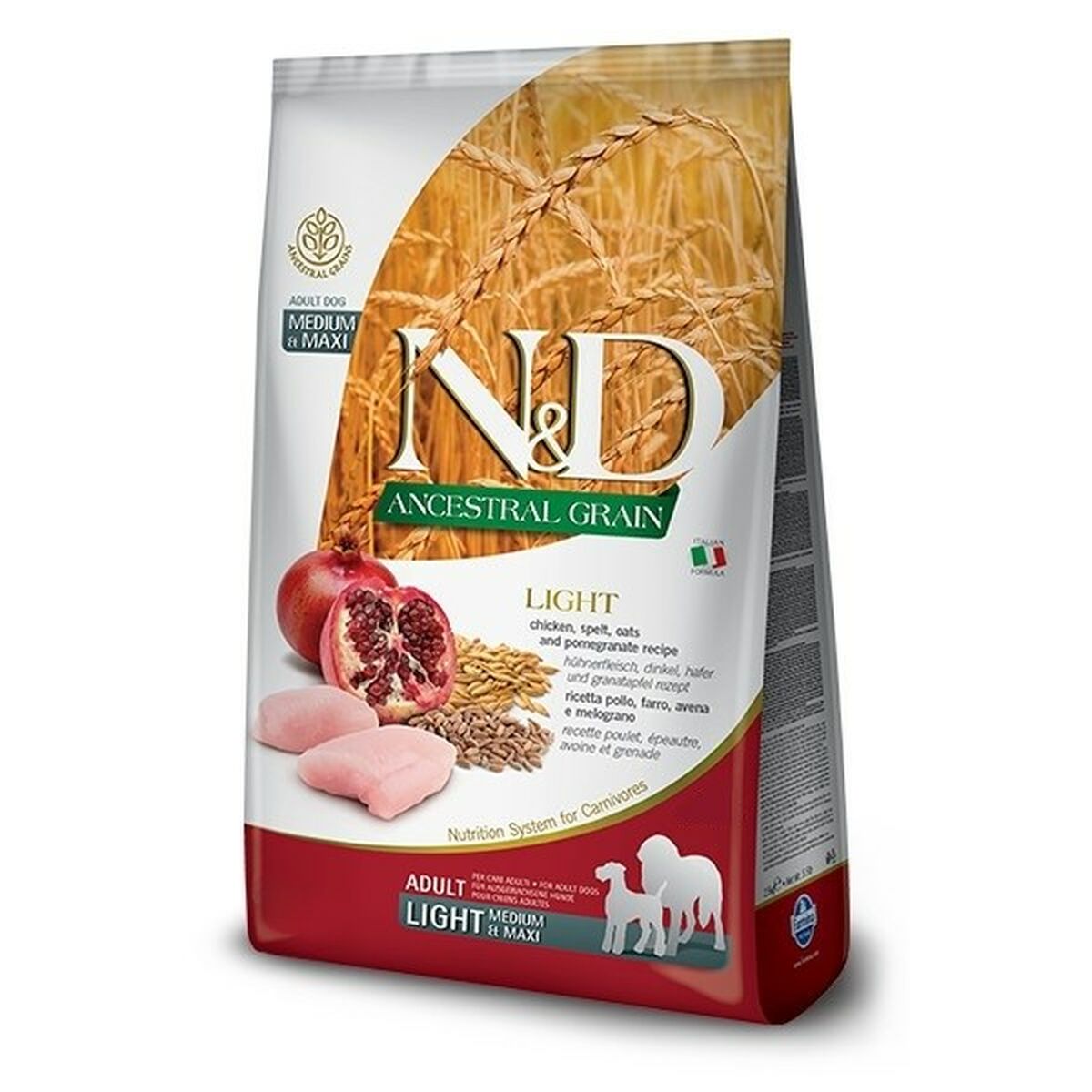 Farmina FARMINA N&amp;D ANCESTRAL GRAIN DOG LIGHT - KURACIE, ŠPALDA, OVSENÉ VLOČKY A GRANÁTOVÉ JABLKO PRE DOSPEL