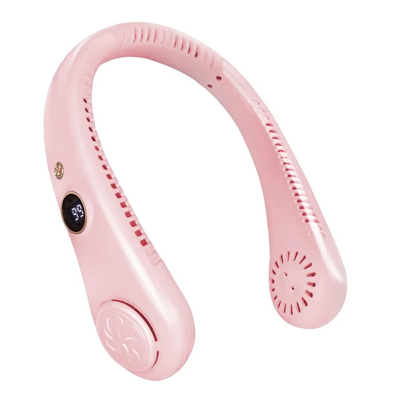 XINGHUA Přenosný dobíjecí ventilátor na krk s 5 rychlostmi a LED displejem - růžový