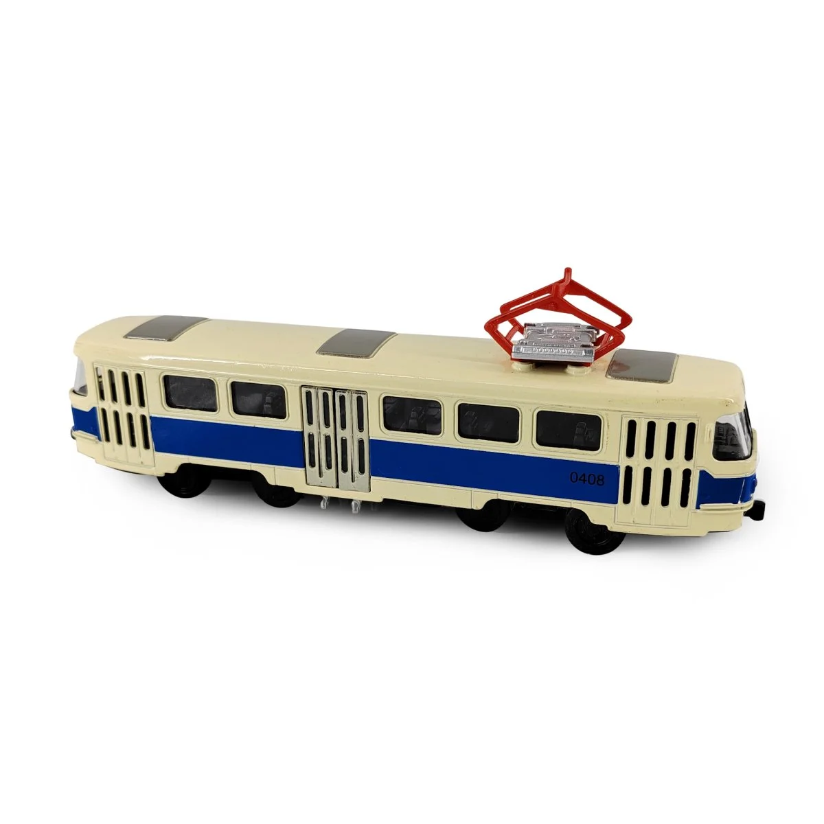 Kovová retro tramvaj T3 modrá 16 cm se světlem a zvukem