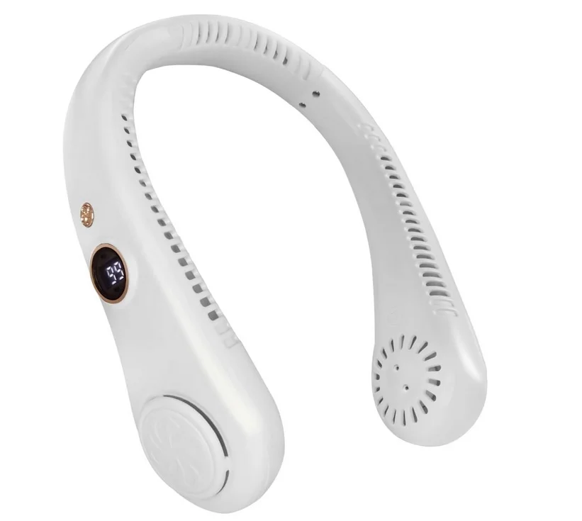 XINGHUA Přenosný dobíjecí ventilátor na krk s 5 rychlostmi a LED displejem - bílý