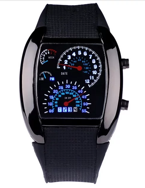 Binární LED hodinky v designu budíku závodního automobilu - černé