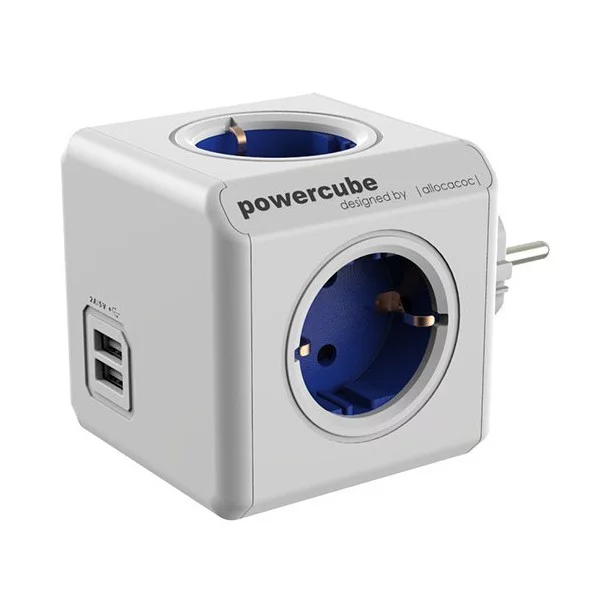 Rozbočovač Powercube s USB porty - modrý - Allocacoc