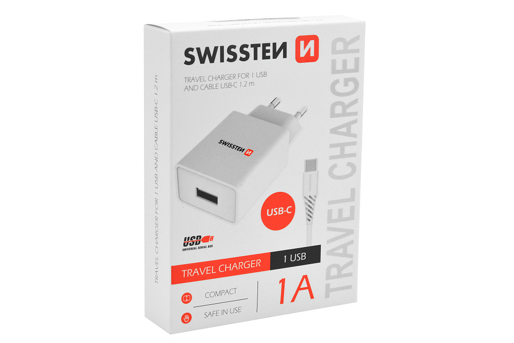 Fotografie SWISSTEN SÍŤOVÝ ADAPTÉR SMART IC 1x USB 1A POWER + DATOVÝ KABEL USB / TYPE C 1,2 M, BÍLÁ