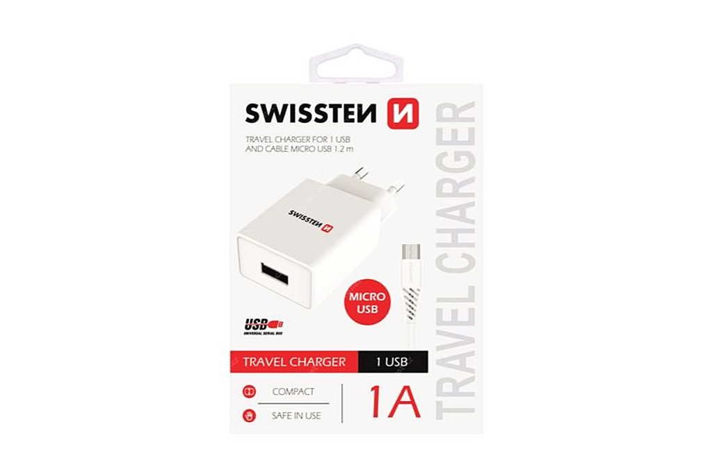 Fotografie SWISSTEN SÍŤOVÝ ADAPTÉR SMART IC 1x USB 1A POWER + DATOVÝ KABEL USB / MICRO USB 1,2 M, BÍLÁ