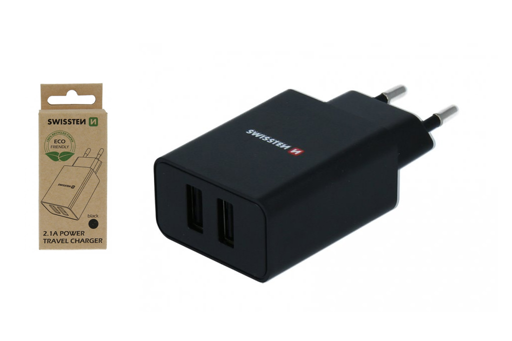 Fotografie Síťový adaptér Swissten Smart IC 2x USB, 2,1A Power, černá
