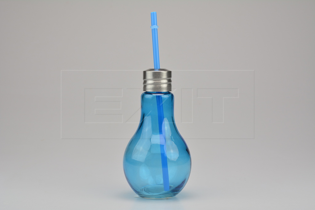 Sklenička na drink s plechovým víčkem a brčkem - Modrá žárovka