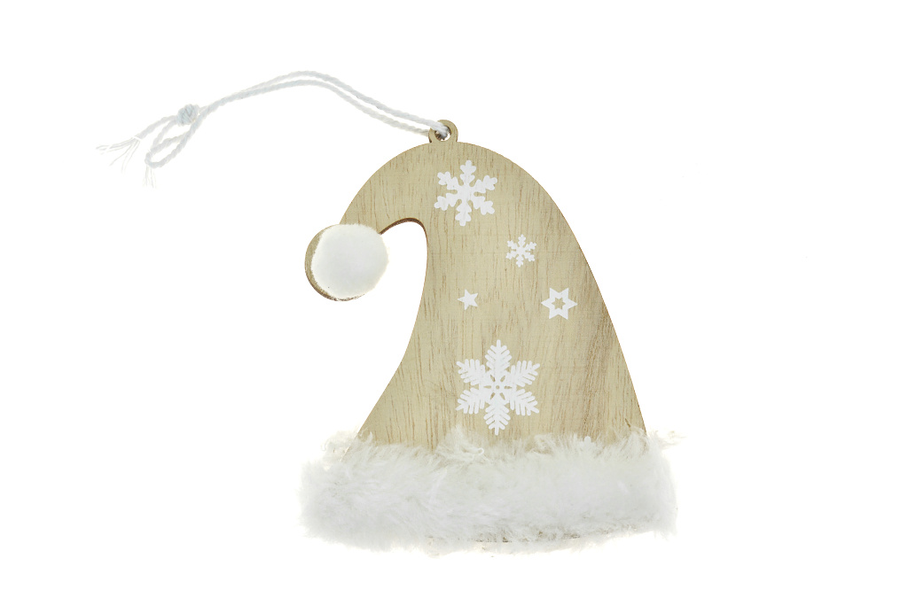 Fotografie Závěsná vánoční dřevěná dekorace, čepice s umělým plyšem, natural