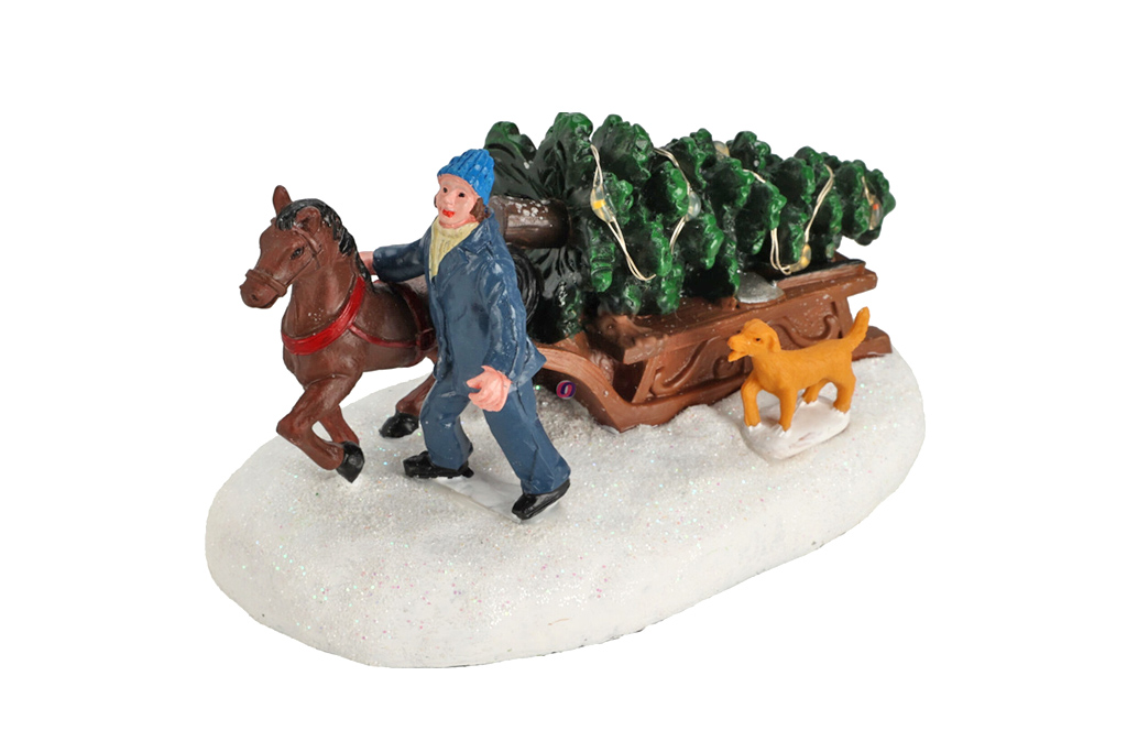 Fotografie Vánoční stromek, pán s koněm a pes - figurka vánoční vesnice 12,5 cm.