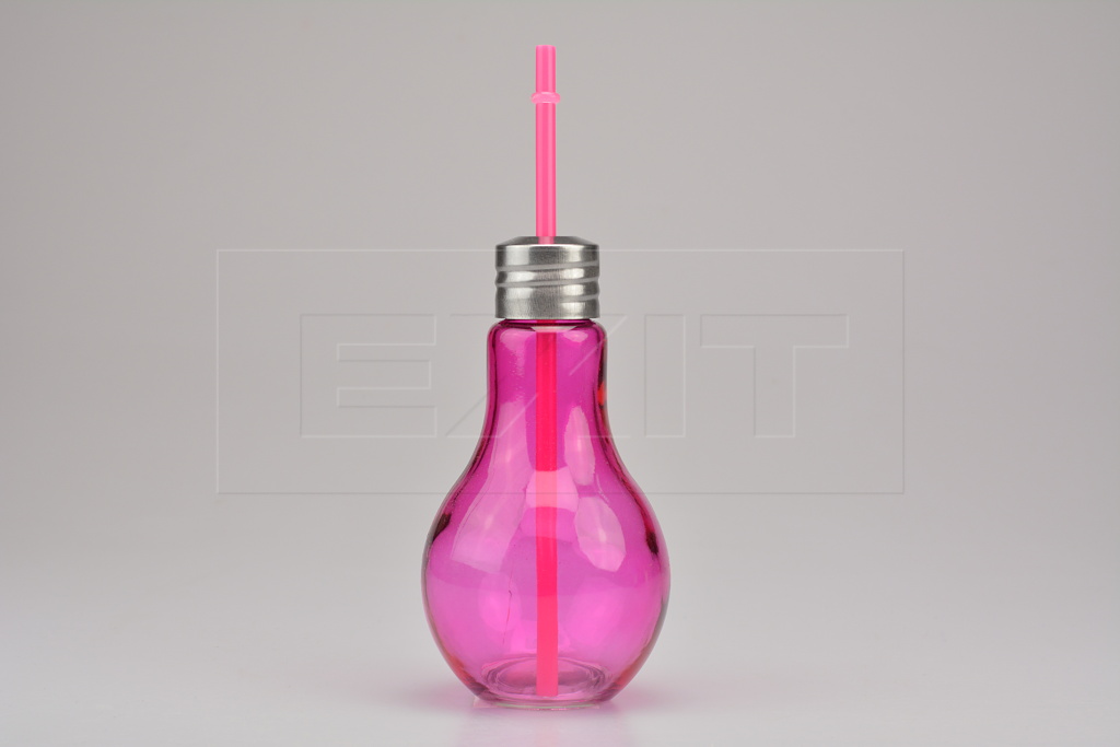 Fotografie Sklenička na drink s plechovým víčkem a brčkem - Růžová žárovka