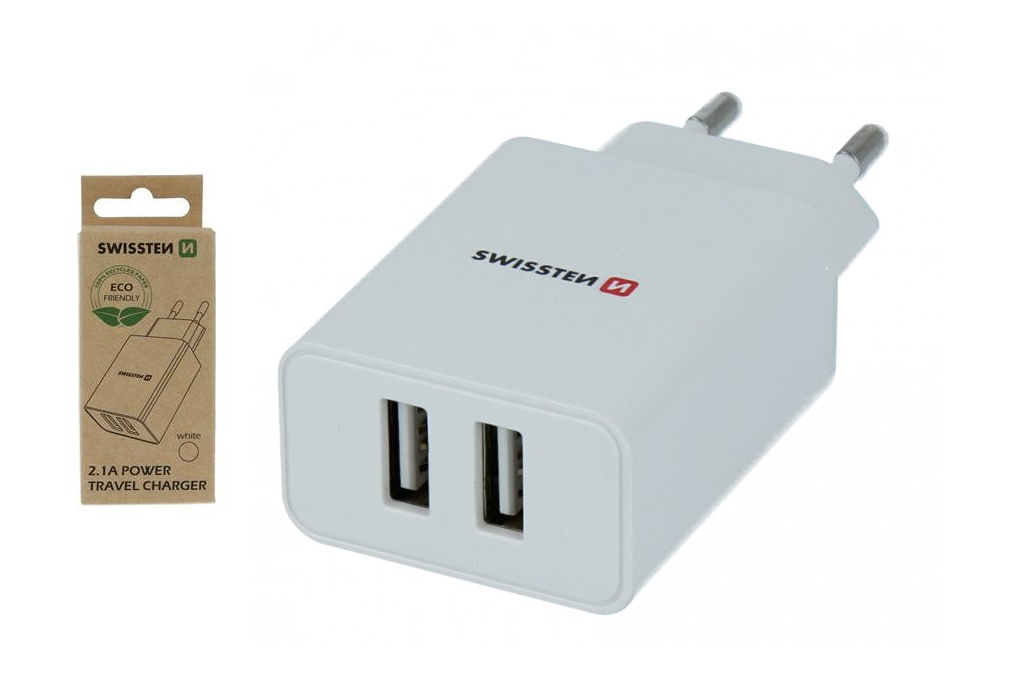 Fotografie Síťový adaptér Swissten Smart IC 2x USB, 2,1A Power, bílá