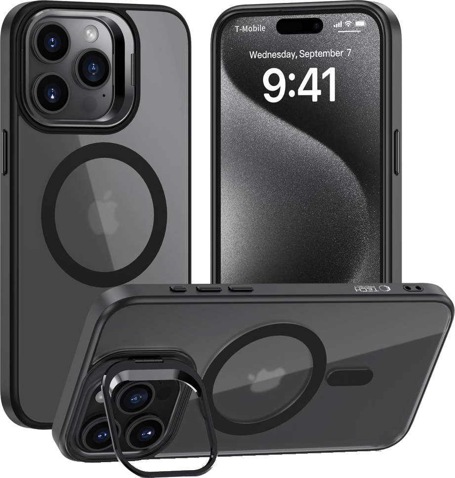Na obrázku je zobrazen Apple iPhone 16 Pro Max (případně iPhone 16 Pro) v transparentním ochranném pouzdře TECH-PROTECT MAGSTAND. Tento obal je vybaven funkcí MagSafe, která zajišťuje snadné přichycení k dalším MagSafe doplňkům. Pouzdro poskytuje nejen ochranu proti nárazům a poškrábání, ale také podporuje bezdrátové nabíjení a disponuje praktickým stojánkem. Ideální volba pro ty, kteří chtějí svůj iPhone chránit a zároveň zachovat jeho elegantní vzhled.