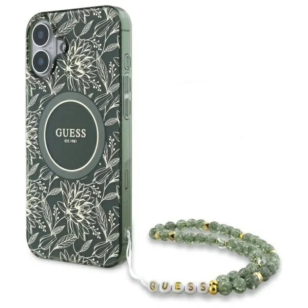 GUESS Flowers Allover Electro Pearl Strap MagSafe iPhone 16 - zelená