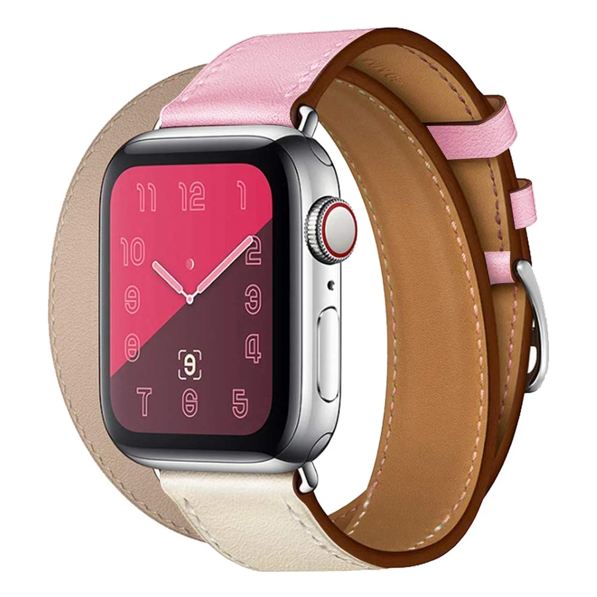 Kožený řemínek Double Tour pro Apple Watch Ultra 1/2 (49mm) - Béžový/Růžový