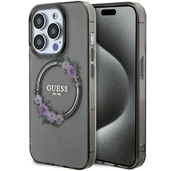 Guess PC/TPU Flowers Ring Glossy Logo MagSafe Apple iPhone 15 Pro černé