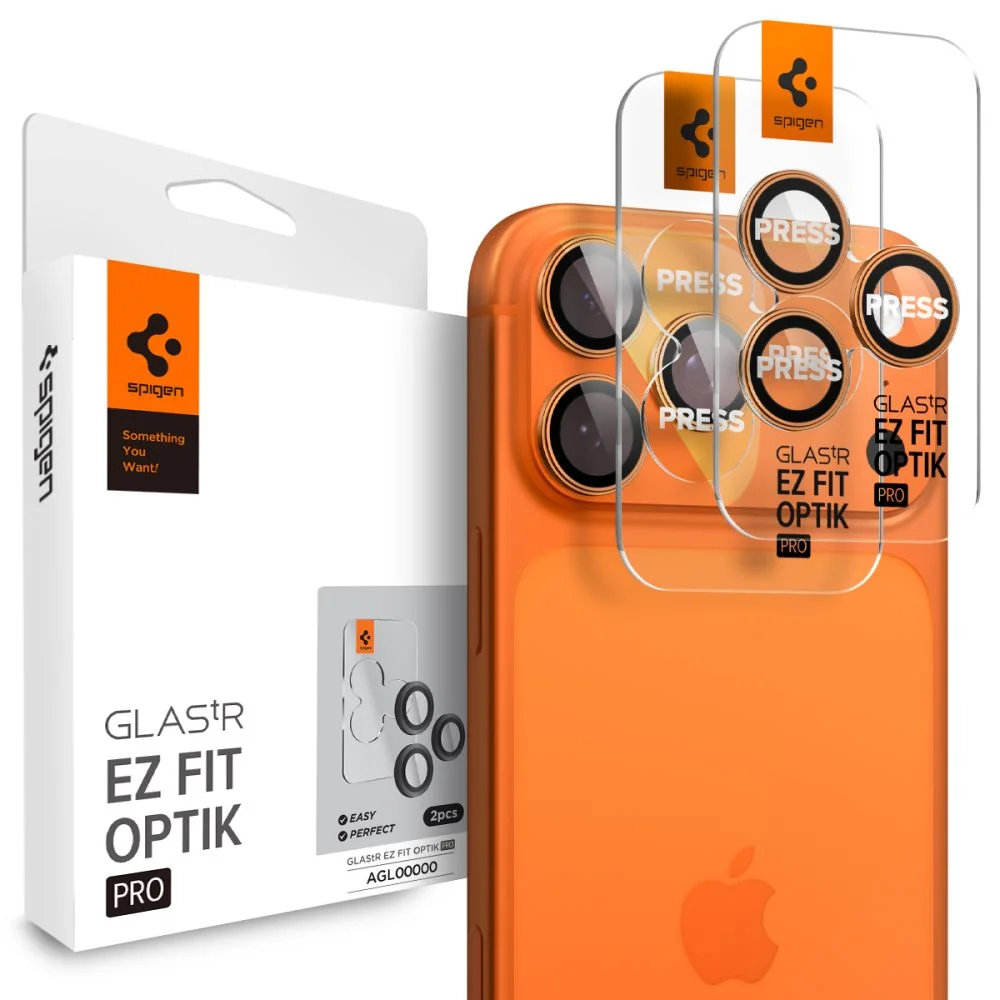 Spigen GLAStR EZ FIT Optik Pro 2-Pack iPhone 17 Pro Max, 17 Pro, 16 Pro Max, 16 Pro, 15 Pro Max, 15 Pro, 14 Pro Max, 14 Pro - Oranžová