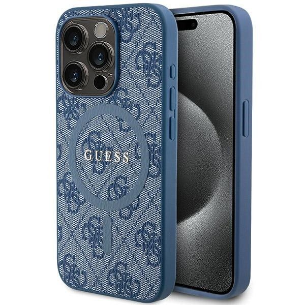Guess iPhone 15 Pro Max 4G Collection Leather Metal Logo MagSafe - modrý